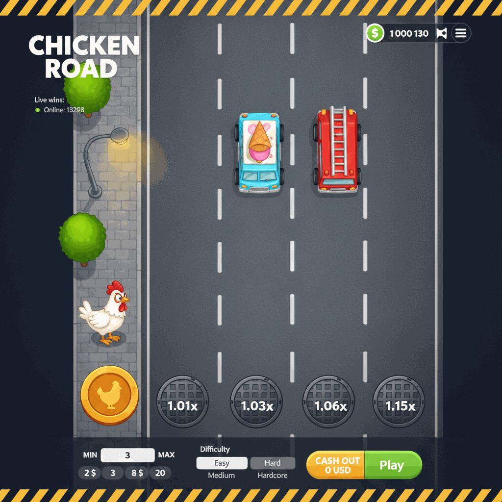 Gioco Chicken Road di InOut: pollo cartoon che attraversa una strada urbana multipista dall'alto, con corsie grigie separate da strisce bianche tratteggiate, moltiplicatori su ogni corsia, auto in movimento e interfaccia di gioco con saldo e controlli scommessa